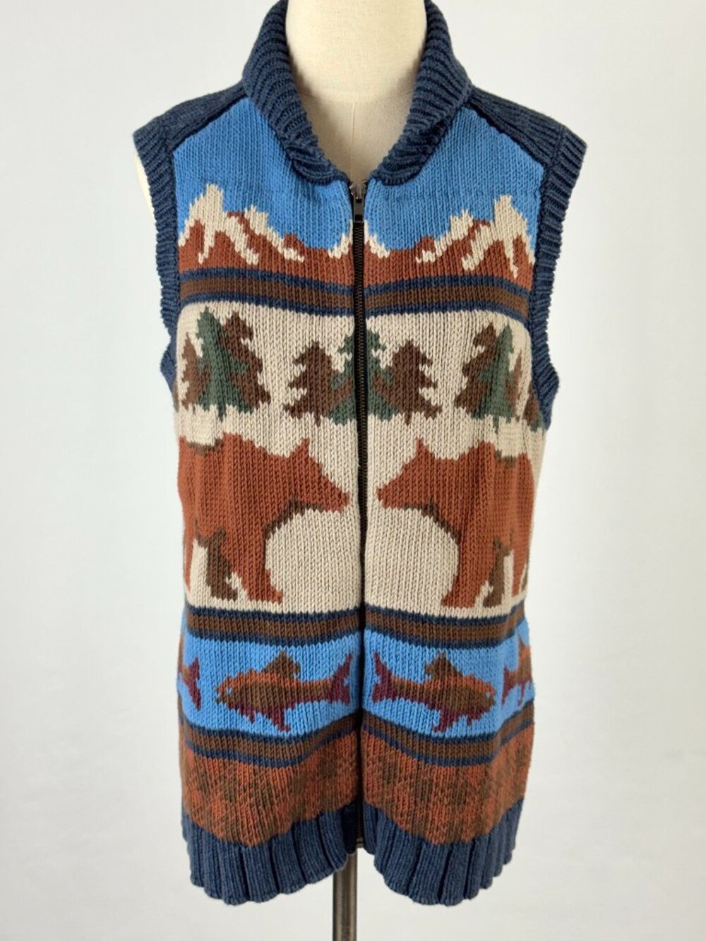 Woolrich Cotton Knit Zip Up Sweater Vest Womens M Yellowstone Here I Come Bears